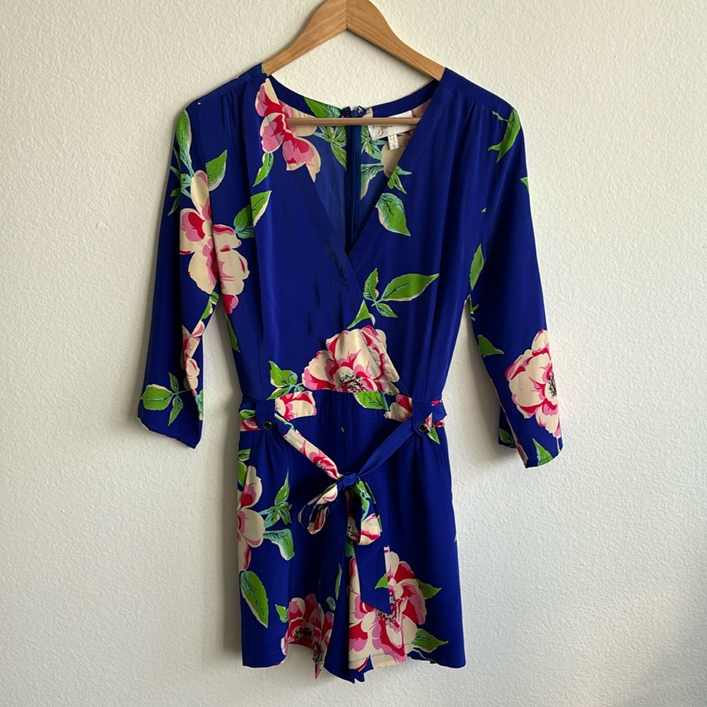 Yumi Kim Silk Cobalt Blue Long Sleeve Romper Jumpsuit Floral w Pockets Size S